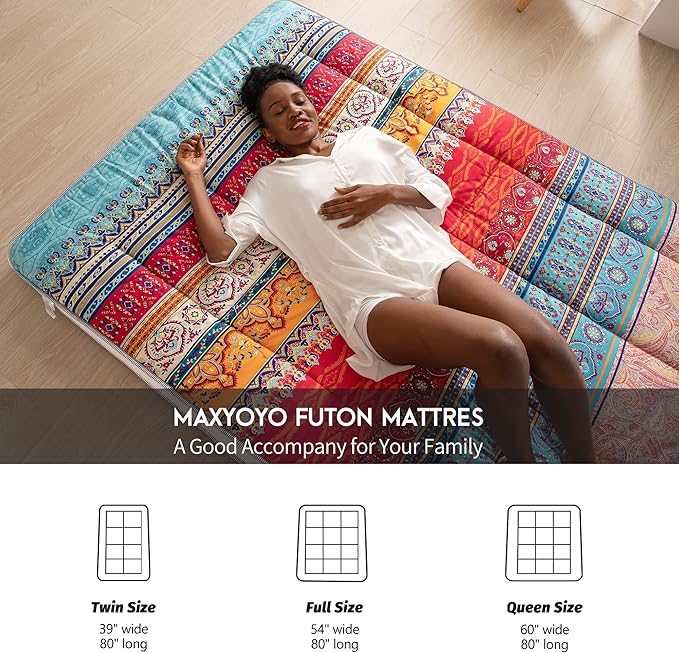 MAXYOYO Full Size Futon Floor Mattress Shikibuton Sleeping Mats for Adults, Floor Futon with High-Density Foam, Portable Mattress for Living Room, Guest Room, Bohemian A
