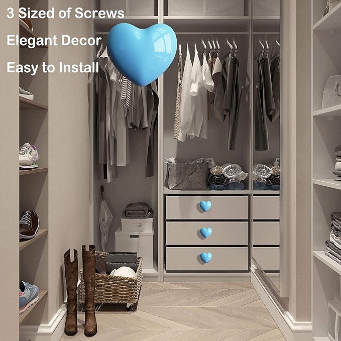 Ceramic Drawer Knobs Heart Shape Cabinet Dresser Pulls Handles with 3 Sized Screws, Kitchen Furniture Knobs for Closet Cupboard Wardrobe (6 Pack, Blue)