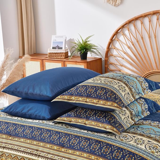Cottolester Boho Comforter Set Full Size 8 Pieces,Brown Blue Bohemian Comforter Paisley Striped Bed in A Bag,Soft Microfiber Bedding Set for All Season
