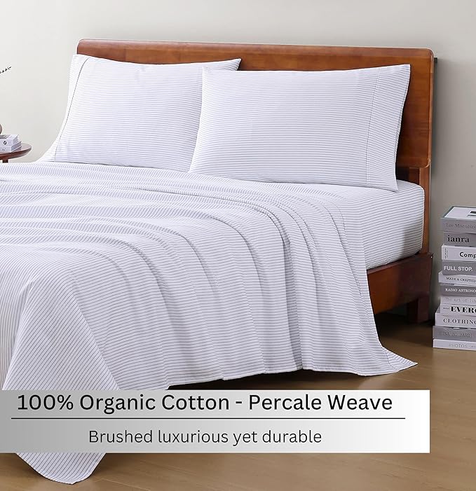LANE LINEN 100% Organic Cotton Twin XL Sheets Set 3-Piece Pure Percale Bedsheets Bedding Breathable Fits Mattress Upto 15" Deep - Blue Ticking Stripe