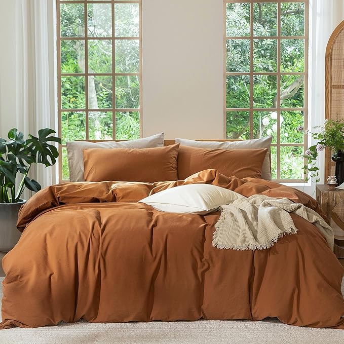 MooMee Bedding Duvet Cover Set 100% Washed Cotton Linen Like Textured Breathable Durable Soft Comfy (Solid Dark Orange, Alaska King 132"x120")