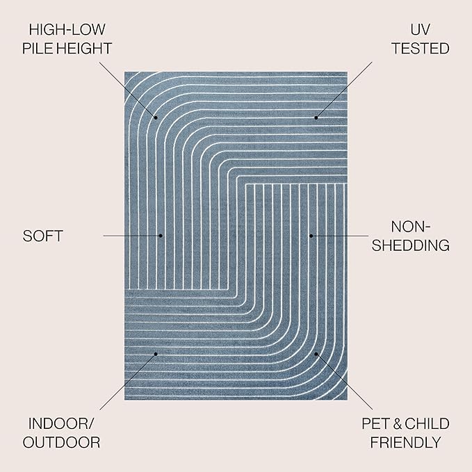 Eyely NCS101D-5 Odense High-Low Minimalist Angle Geometric Dark Blue/Cream 5 ft. x 8 ft. Indoor/Outdoor Area Rug, for Home, Backyard, Patio, Porch, Bedroom, Kitchen, Living Room