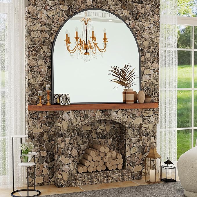 VooBang Wide Arched Wall Mirror, 38 x 40 inch Arch Bathroom Mirror, Wall Mounted Vanity Mirror with Arch Metal Frame, Modern Bathroom Vanity Mirror for Bedroom, Living Room, Hanging or Leaning, Black