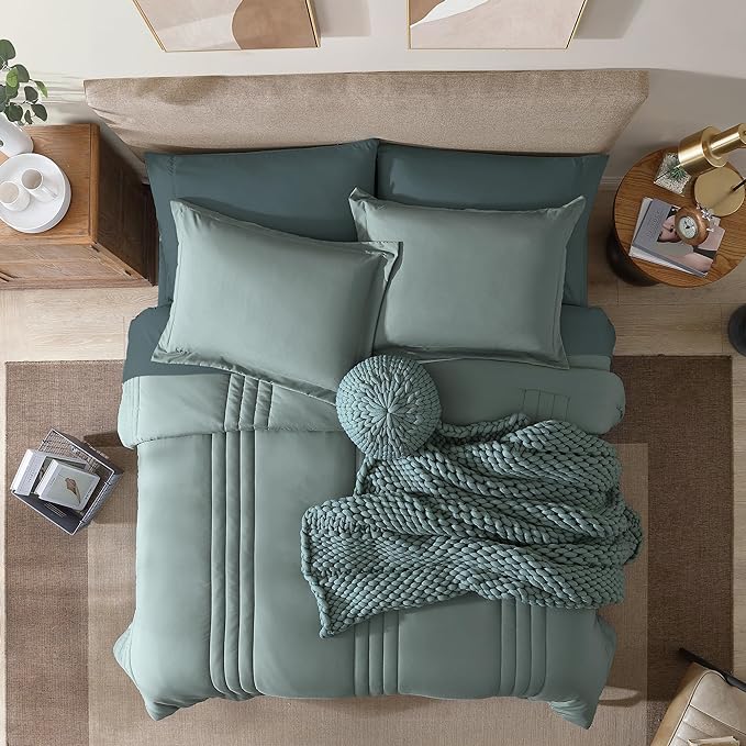 Monbix Full Size Comforter Set - 7 Pieces Sage Green Bed in a Bag Full Size Bedding Sets with Comforters, All Seasons Comforter with Sheets,Pillowcases & Shams