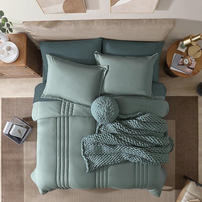 Monbix King Size Comforter Set - 7 Pieces Bed in a Bag King, Sage Green Bedding Sets with Comforter, All Seasons Comforter Bed Set with Sheets, Pillowcases & Shams