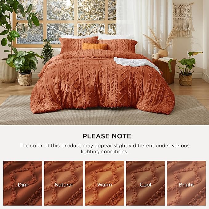 Bedsure Tufted Boho Comforter Set King Size - Terracotta Boho Bed Set, GentleSoft™ 3 Pieces Farmhouse Shabby Chic Embroidery Bedding, Gifts for Woman, Soft Jacquard King Comforter for All Seasons