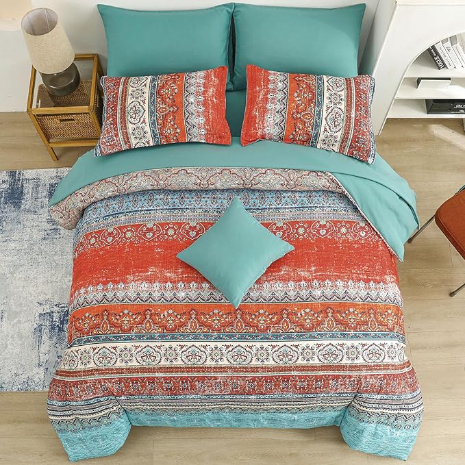 Cottolester Boho Queen Comforter Set 8 Pieces, Terracotta Comforter Bohemian Striped Bed in A Bag,Soft Microfiber Bedding Set for All Seasons