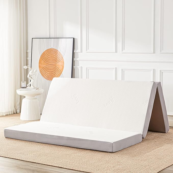 Folding Memory Foam Mattress, 4" Tri-fold with Breathable Washable Bamboo Fiber Cover, Foldable Guest Bed for Camping, Road Trip, Queen