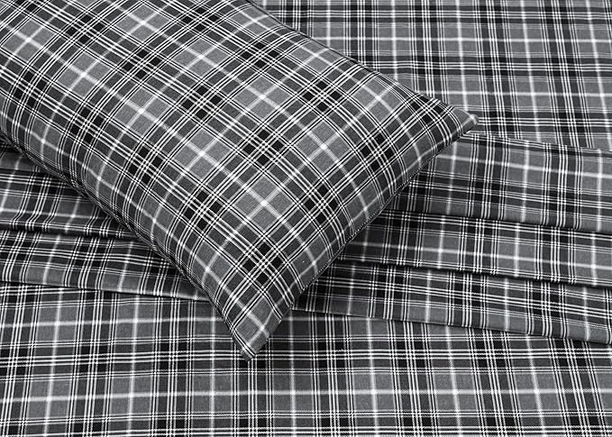 RUVANTI Flannel Sheets Full Size - 100% Cotton Double Brushed Bed Sheets Set, Deep Pockets 16 Inches, All Seasons Breathable & Extra Soft Full Sheets, Warm & Cozy, 4 Piece, Grey Plaid