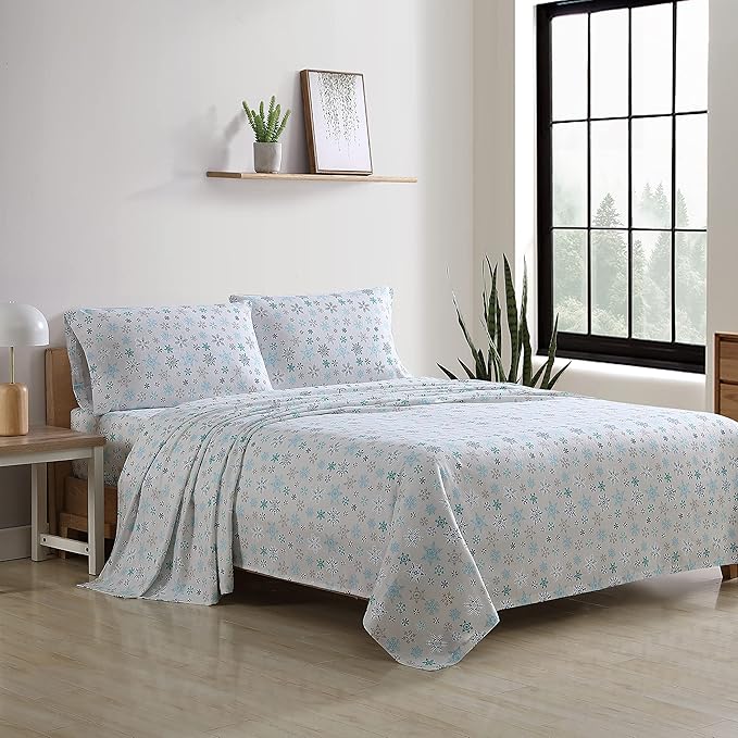 Eddie Bauer - Full Sheets, Cotton Flannel Bedding Set, Brushed For Extra Softness, Cozy Home Decor (Tossed Snowflake, Full)