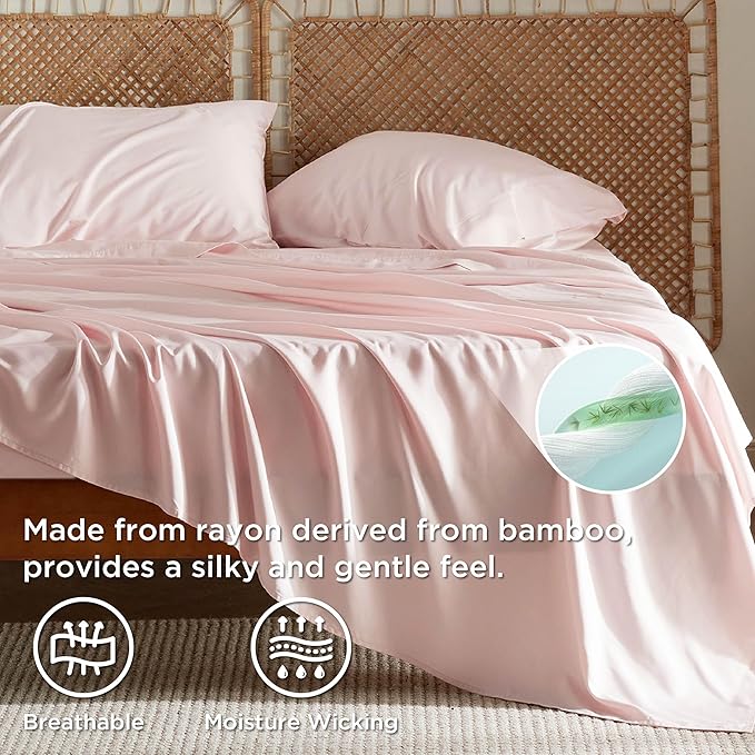 Bedsure King Size Sheets Set, Cooling Sheets for Hot Sleepers, Rayon Derived from Bamboo, Breathable & Soft, Deep Pocket Up to 16 Inches, Hotel Luxury Silky Bedding, Pink