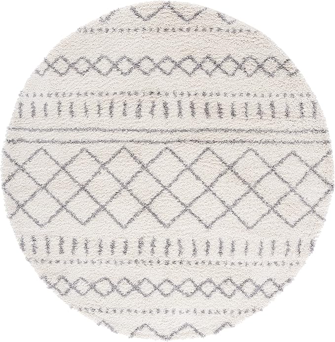 SAFAVIEH Arizona Shag Collection Area Rug - 8' Round, Ivory & Grey, Moroccan Design, Non-Shedding, 1.6-inch Thick, Ideal for High Traffic Areas in Living Room, Bedroom (ASG741F-8R)