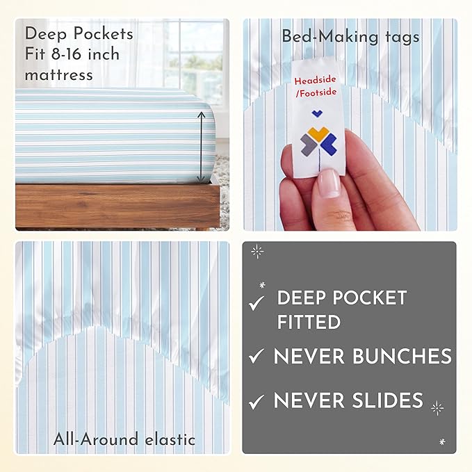 California Design Den California King Sheet Sets - 400 Thread Count Sateen, Natural 100% Cotton Sheets Set, Deep Pocket Cooling and Durable Bedding - Cape Stripe