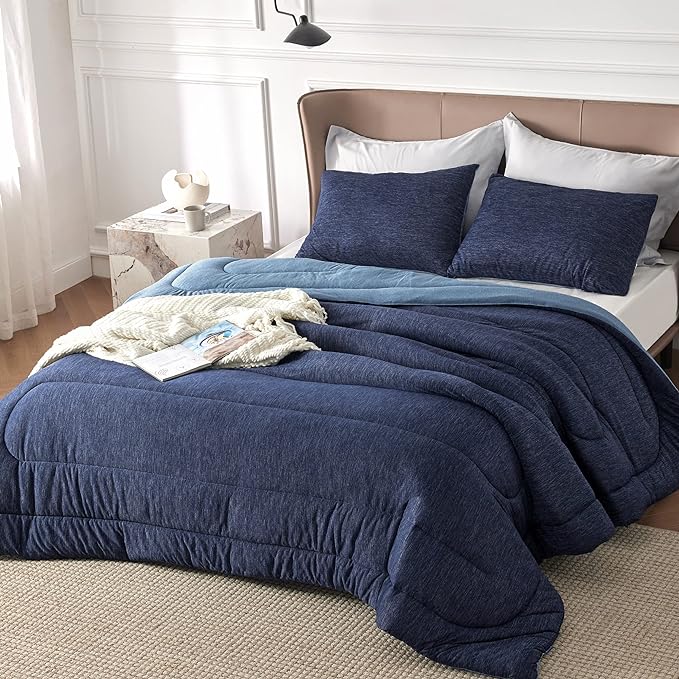 Bedsure California King Comforter Set - Cooling and Warm Bed Set, Navy Blue Reversible Bedding for All Season, 3 Pieces, 1 California King Size Comforter (104"x96") and 2 Pillow Cases (20"x36")