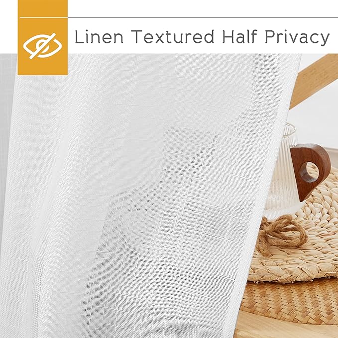 RYB HOME White Curtains 84 inches Long Linen Textured Semi Sheer Curtains Privacy Light Glare Filtering Window Drapes for Living Room Dining Bedroom, White, W 34 x L 84 inches, 2 Panels