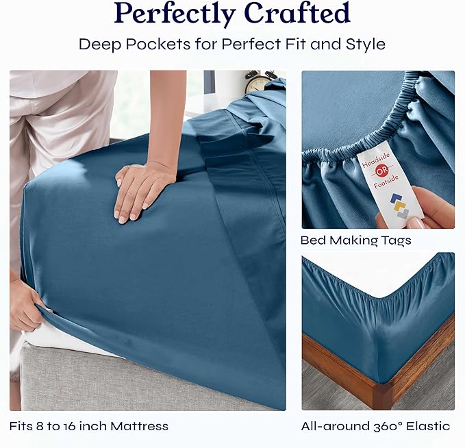 California Design Den Queen Sheet Set - Soft 400 Thread Count Sateen, Natural 100% Cotton Sheets for Queen Size Bed, Deep Pockets for a Snug Fit, Durable Bedding Set - Peacock Blue