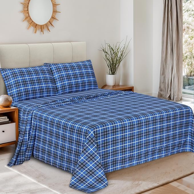RUVANTI Flannel Sheets California King Size - 100% Cotton Brushed Cal King Bed Sheets Set - Deep Pockets 14 Inches - All Seasons Breathable & Extra Soft - Warm & Cozy, 4 Piece, Blue Plaid