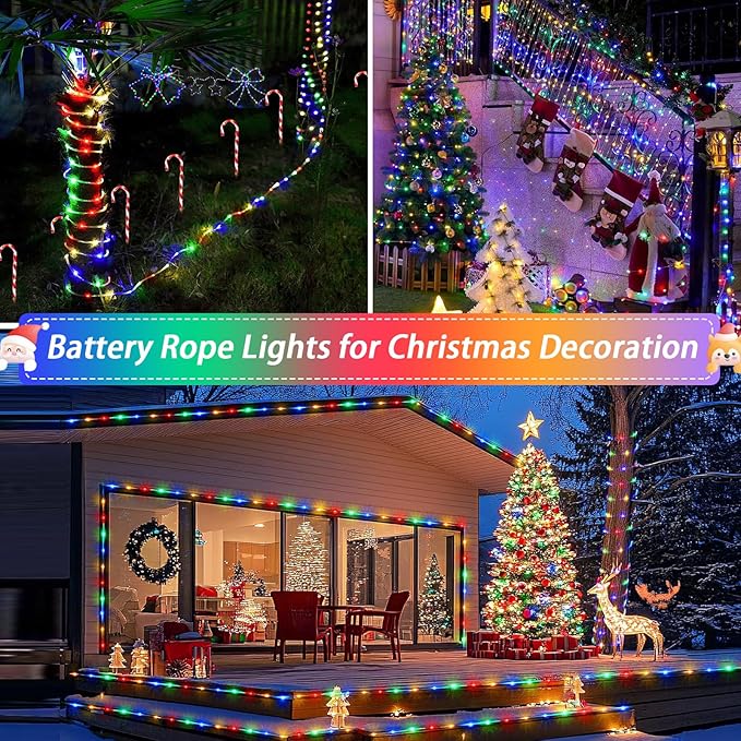 JMEXSUSS 2 Pack Christmas Lights Battery Operated Rope Lights Outdoor Waterproof Total 200LED 8 Modes Battery Powered String Lights with Remote for Car Trampoline Tree Christmas Decor (Multicolor)