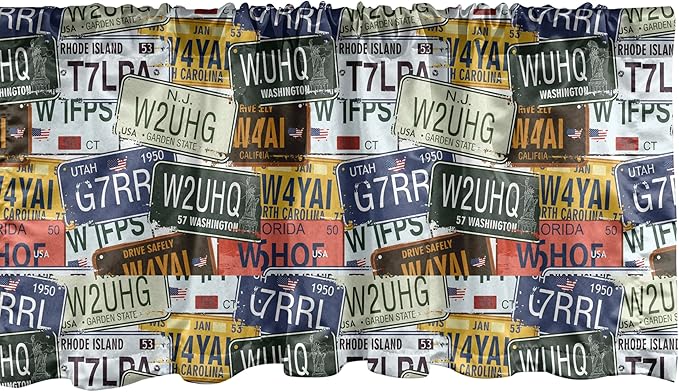 Ambesonne Vintage Window Valance, Original Retro Style License Plates Personalized Creative Travel Vacation, Curtain Valance for Kitchen Bedroom Decor with Rod Pocket, 42" x 18", Green Blue Yellow