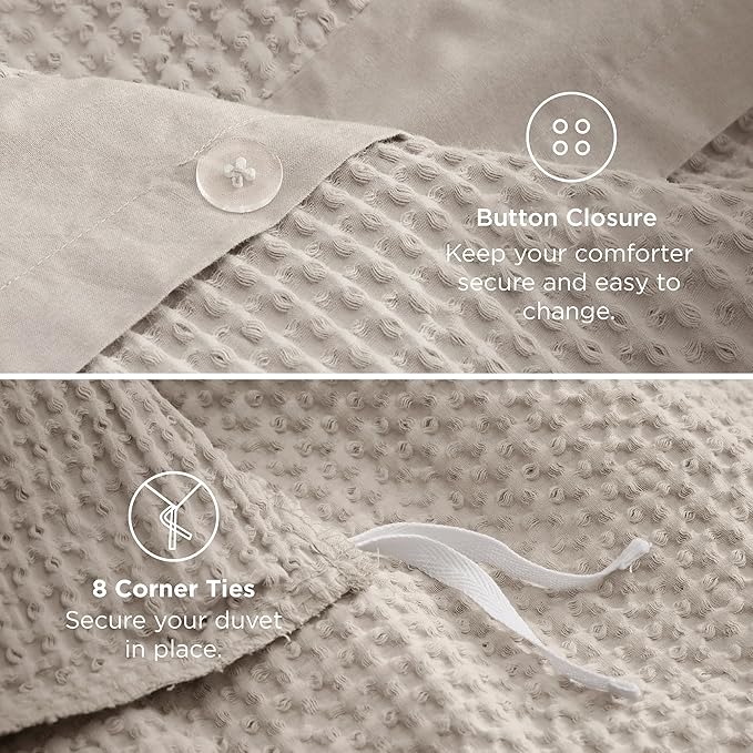 Bedsure 100% Cotton Duvet Cover Queen Size with Fitted Sheet - 4 Pieces Linen Color Waffle Weave Bedding Set, GentleSoft™ and Breathable, Includes 1 Duvet Cover 90x90, 1 Fitted Sheet, 2 Pillow Shams