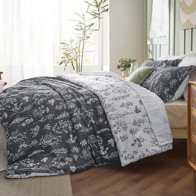 Bedsure California King Comforter Set - Dark Grey Bed Set, 3 Pieces Cute Floral Bedding, 1 Soft Reversible Botanical Flowers Comforter and 2 Pillow Shams