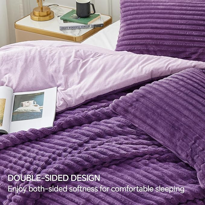 BEDELITE Fleece Twin Comforter Set -Super Soft & Warm Fluffy Purple Bedding, Luxury Fuzzy Heavy Bed Set for Winter with 1 Pillow case