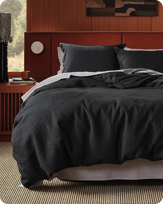 Bedsure Cotton Duvet Cover Queen Size - 100% Cotton Waffle Weave Black Duvet Cover Queen Size, GentleSoft™ and Breathable Bedding Set for All Season, 3 Pieces, 90"x90"