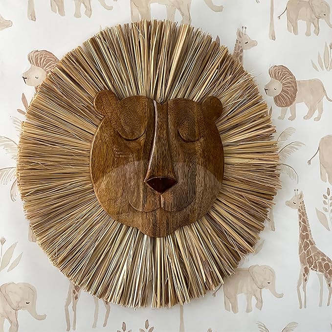 Crane Baby Handmade Wood Animal Safari Wall Art for Nursery Decor, Boho Jungle Theme, for Boys and Girls Lion 21L X 21W Brown