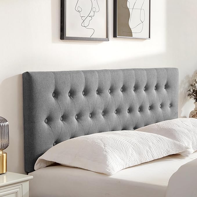 Tufted Upholstered Headboard King Size, Solid Wood Head Board with Durable Metal Legs, Adjustable Height Bed headboard from 37” to 51” Fabric Headboard in Modern Button Design, Grey