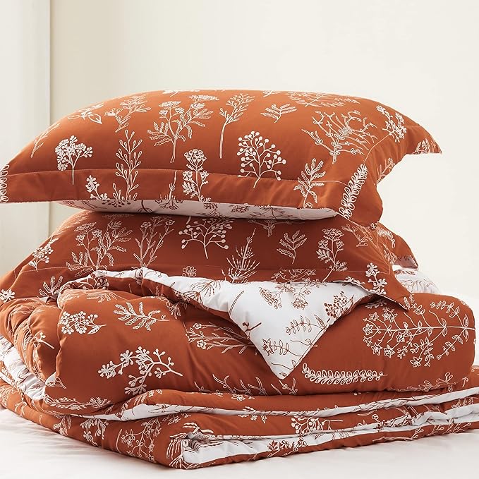 Bedsure California King Comforter Set - Terracotta Bed Set, 3 Pieces Cute Floral Bedding, 1 Soft Reversible Botanical Flowers Comforter and 2 Pillow Shams