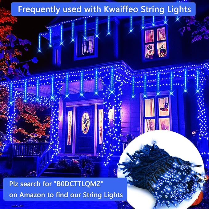 Kwaiffeo Blue Icicle Lights Outdoor, Waterproof Meteor Shower Lights for Christmas Halloween Yard Decorations Outside, UL Plug, 8-Tube