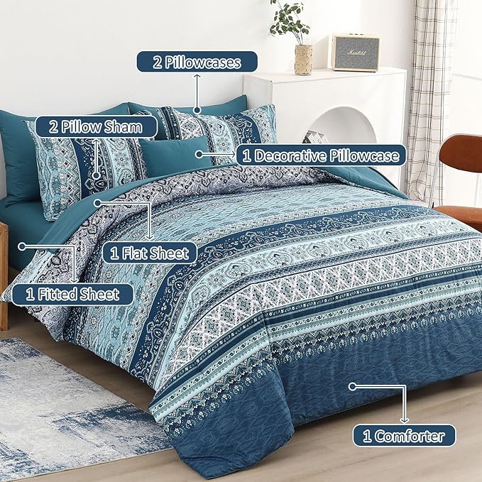 Boho Full Size Comforter Set 8 Pieces, Teal Blue Comforter Bohemian Striped Bed in A Bag, Soft Microfiber Bedding Set for All Seasons