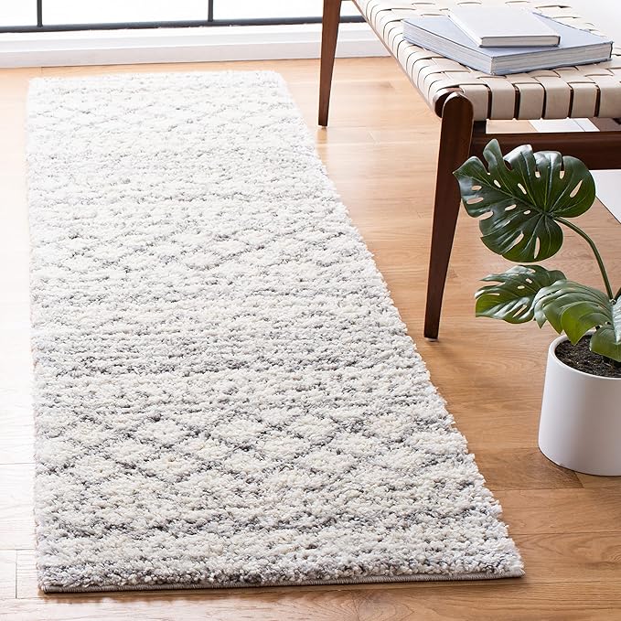 SAFAVIEH Arizona Shag Collection Runner Rug - 2'3" x 14', Ivory & Grey, Moroccan Design, Non-Shedding & Easy Care, 1.6-inch Thick, Ideal for The Living Room, Bedroom, Dining Room (ASG741F-214)