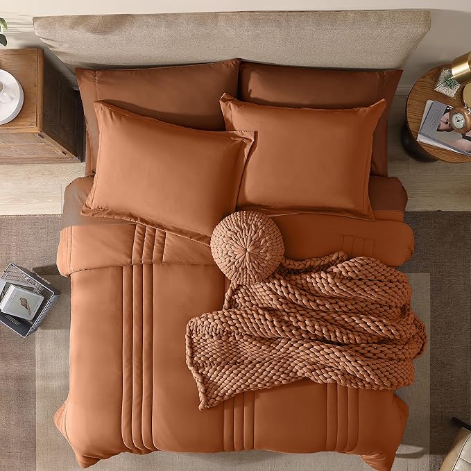 Monbix Full Comforter Set - 7 Pieces Burnt Orange Bed in a Bag Full Size Bedding Sets with Comforters, All Seasons Down Alternative Comforter with Sheets,Pillowcases & Shams