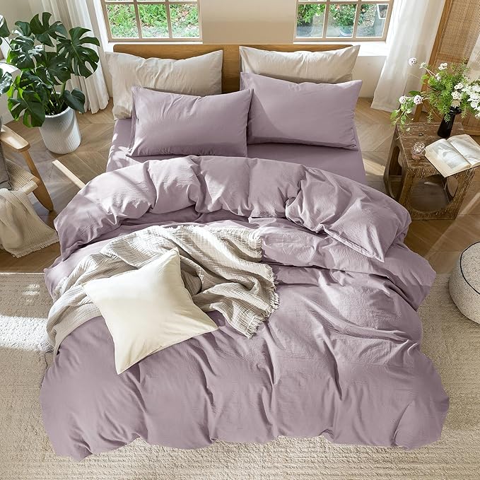 MooMee Bedding Duvet Cover Set 100% Washed Cotton Linen Like Textured Breathable Durable Soft Comfy (Solid Taro Purple, Alaska King 132"x120")