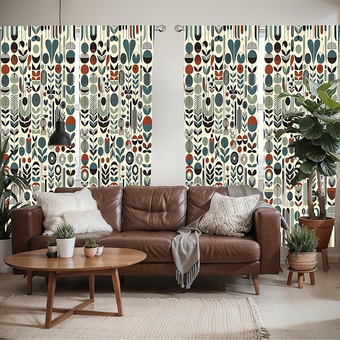 Ambesonne Leafy Art Window Curtains Pack of 2, Scandinavian Leaves Pattern with Geometric Roundy Modern Boho Print, Lightweight Set with Rod Pocket, 4 Panels of - 28" x 84", Pale Green Redwood Teal