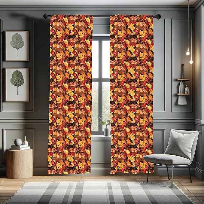 Ambesonne Fall Curtains, Happy Autumnal Colors with Birds in Nests Cartoon Illustration Print, Window Treatments 2 Panel Set for Living Room Bedroom, Pair of - 28" x 63", Cinnamon Amber and Orange