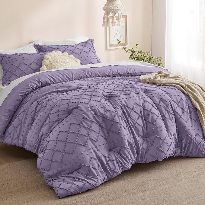Bedsure Full Comforter Set - Grayish Purple Comforter, Boho Tufted Shabby Chic Bedding for Kids, 3 Pieces Vintage Farmhouse Bed Set for All Seasons, Fluffy Soft Bedding with 2 Pillow Shams