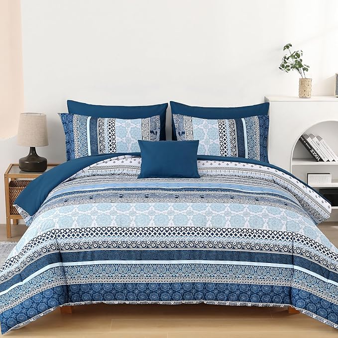 Cottolester Boho Comforter Set California King Size,8 Pieces Navy Blue Bohemian Striped Bed in a Bag,Paisley Soft Microfiber Bedding Comforter Set