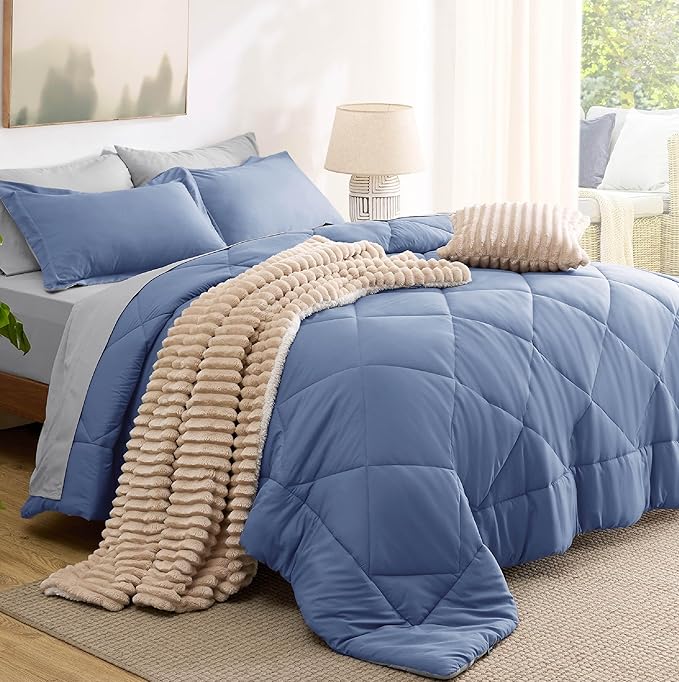 Bedsure Queen Comforter Set - 7 Pieces Reversible Infinity Blue Bedding, Queen Size Bed Set for All Seasons, Bed in a Bag with Down Alternative Comforter, Sheets, Pillowcases & Shams