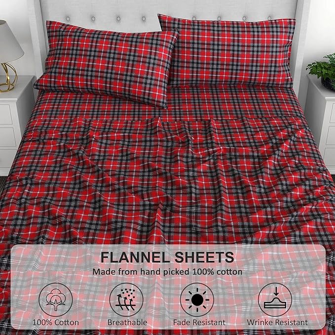 RUVANTI Flannel Sheets King Size - 100% Cotton Brushed King Size Sheets Set - Deep Pockets 16 Inches Bed Sheets - All Seasons Breathable & Extra Soft - Warm & Cozy, 4 Piece, Red Plaid