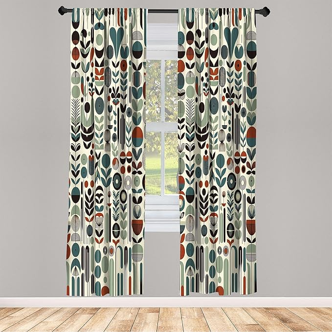 Ambesonne Leafy Art Window Curtains Pack of 2, Scandinavian Leaves Pattern with Geometric Roundy Modern Boho Print, Lightweight Set with Rod Pocket, 4 Panels of - 28" x 84", Pale Green Redwood Teal