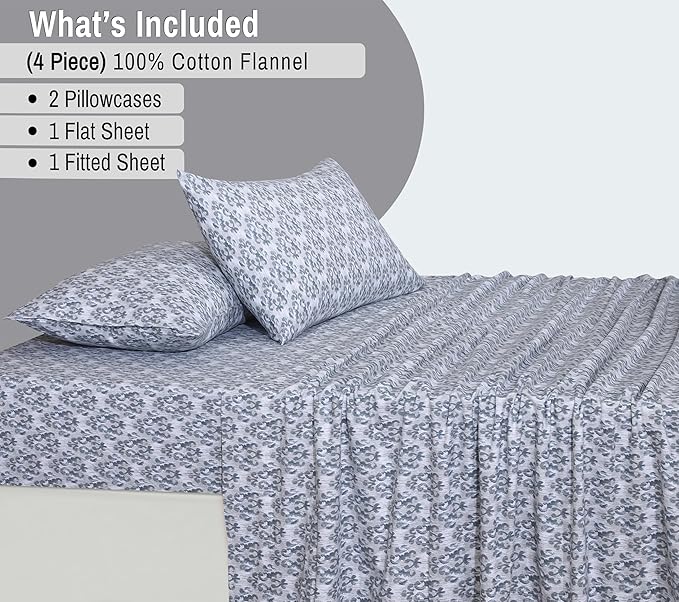 RUVANTI Flannel Sheets King Size - 100% Cotton Brushed King Size Sheets Set - Deep Pockets 16 Inches Bed Sheets - All Seasons Breathable & Extra Soft - Warm & Cozy, 4 Piece, Damask