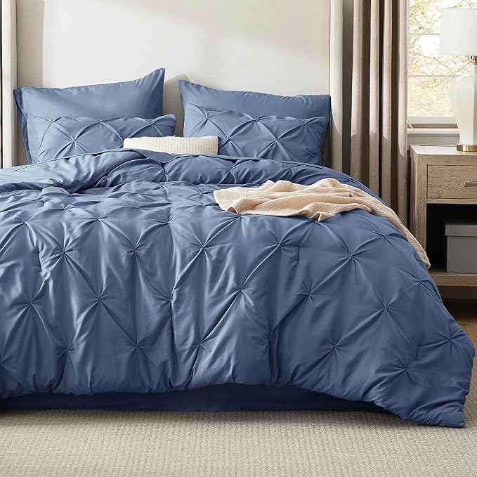 Bedsure Queen Comforter Set Slate Blue - Bed in a Bag Queen Size Bedding 7 Pieces, GentleSoft™ Pintuck Bed Set Gift for Family, Pinch Pleat All Season Comforter with Sheets, Pillowcases & Shams