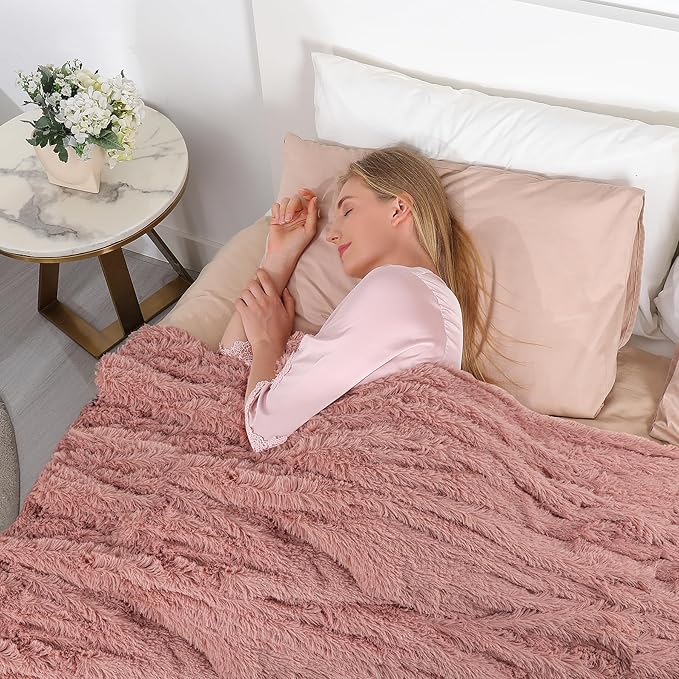 Tuddrom Decorative Extra Soft Fuzzy Faux Fur Throw Blanket 50" x 60",Solid Reversible Long Hair Shaggy Blanket,Fluffy Cozy Plush Comfy Microfiber Fleece Blankets for Couch Sofa Bedroom,Peach Whip