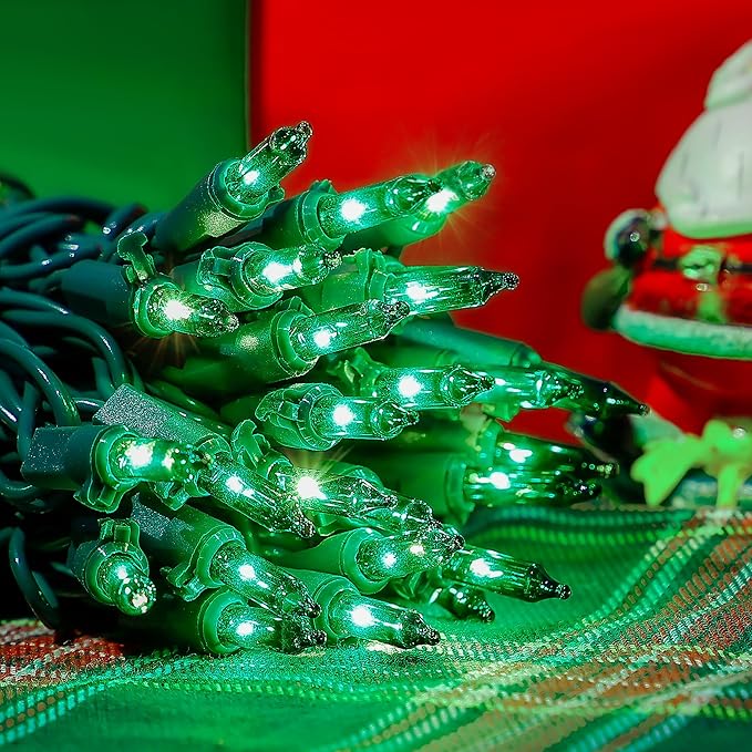 50-Count Green Christmas Tree Lights with Green Wire,13ft Incandescent Bulb Waterproof Fairy Lights，Plug in Mini String Lights for Holiday Decorations, Party, Xmas, Yard, Indoor & Outdoor