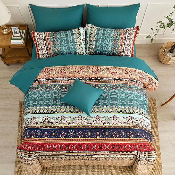 Cottolester Boho Full Size Comforter Set 8 Pieces,Green and Brown Bohemian Striped Bed in a Bag,Floral Soft Microfiber Bedding Comforter Set