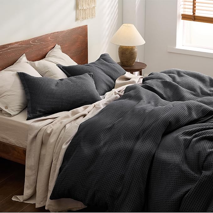 Bedsure Cotton Duvet Cover Set - 100% Cotton Waffle Weave Charcoal Duvet Cover Oversized King Size, GentleSoft™ and Breathable Bedding Set for All Season, 3 Pieces, 120"x98"