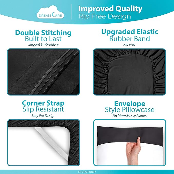 DREAMCARE Twin Sheets - 3pcs Cooling Sheets – up to 21” Extra Deep Pocket Twin Bed Sheets - Twin Sheet Set - Bed Sheets - Soft & Long Lasting 100% Fine Brushed Polyester with Side Pocket - Black