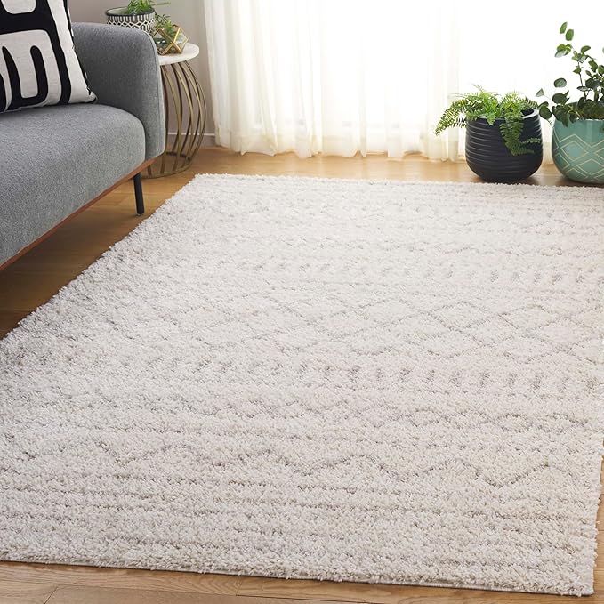 SAFAVIEH Arizona Shag Collection Area Rug - 6'7" x 9'2", Ivory & Beige, Moroccan Design, Non-Shedding & Easy Care, 1.6-inch Thick Ideal for High Traffic Areas in Living Room, Bedroom (ASG741A)